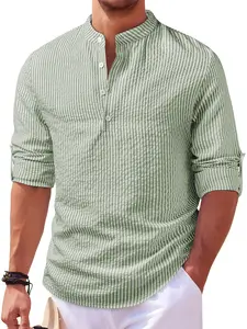 Men's Textured Random Print Blue Striped Open Collar Small Stand Collar Long Sleeve Casual Shirt Henry Style