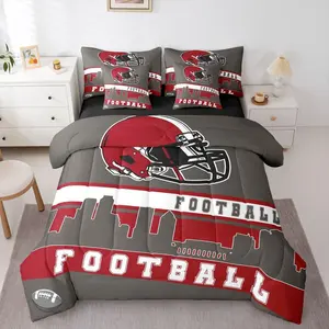 Football City 7 Pcs Comforter Bed Set,Football Bedding Boys Girls Grey Red Rugby Game Sheet Set,Bed Bag,Football Fans Bedroom Decor Sports Ball Team Quilt