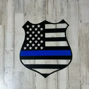 Thin Blue Line American Flag Police Badge – Powder Coated Steel Wall Sign