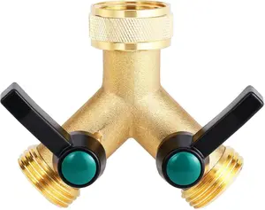 3/4" Brass Hose Splitter, 2-Way Y Valve with On/Off Handles & Comfort Grip, Heavy-Duty Garden Faucet Connector