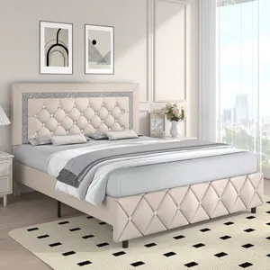 Twin/ Full/ Queen/ King Size Bed Frame, Upholstered Bed Frame With Diamond Headboard And Footboard, White/ Beige/ Black/ Grey/ Pink/ Purple/ Green