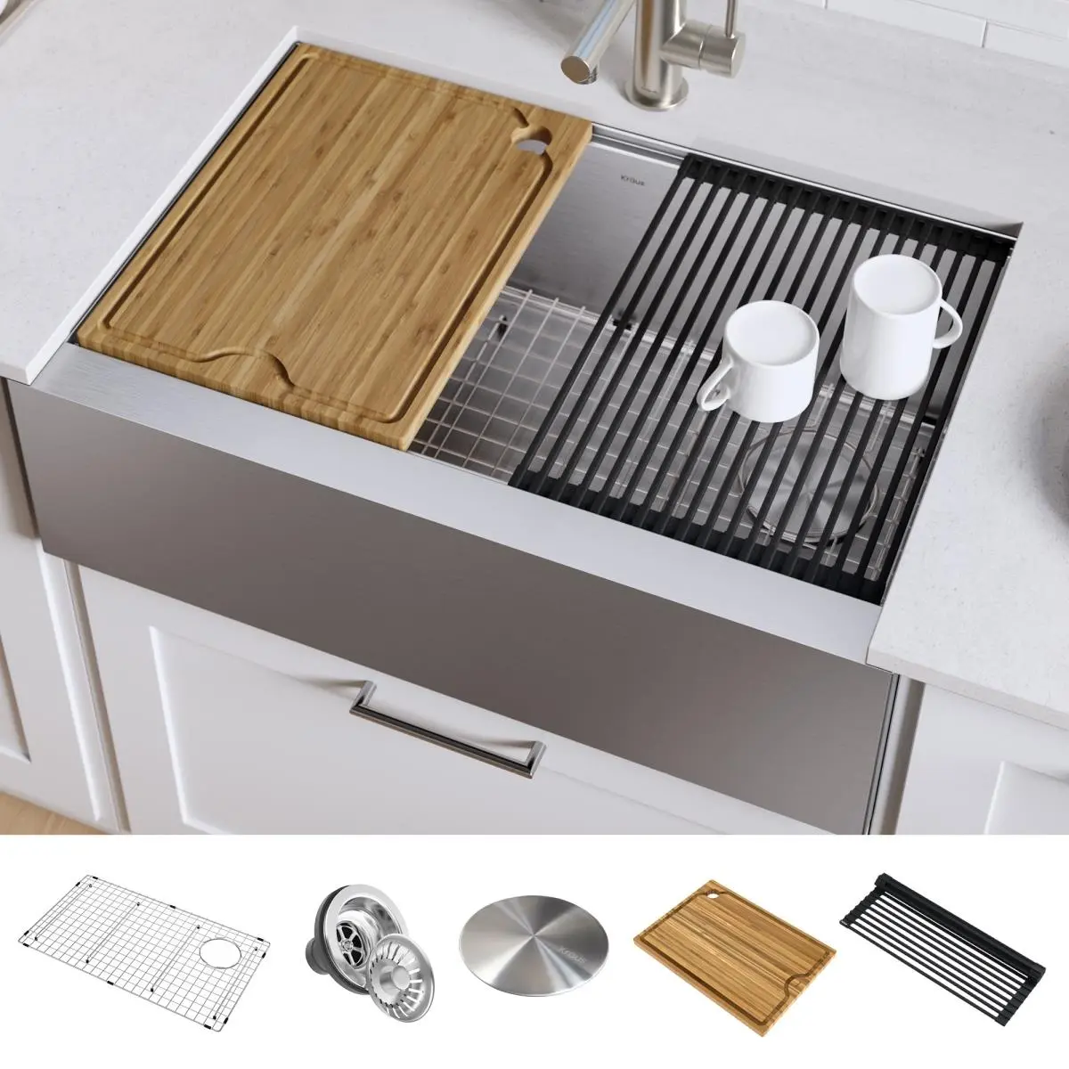 212 MAIN 30 in. 16 Gauge Stainless Steel Farmhouse Workstation Flat Apron Front Single Bowl Kitchen Sink - Includes 5-Pack of Accessories, Workstation Sink