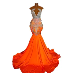 Elegant 2025 Long Orange Satin Mermaid Prom Dress – Custom Luxury Gown with Silver Beaded Rhinestones, Perfect for Prom, Gala, or Special Events