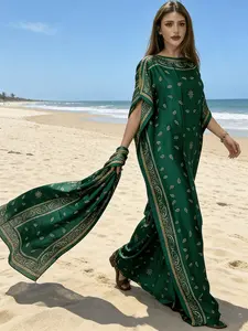 1dress+1scarf Emerald Green Paisley Printed Satin Kaftan Dress Women Oversized Beach Cover Up Robe Loose Muslim Abaya Resort Vacation Maxi Nightgown