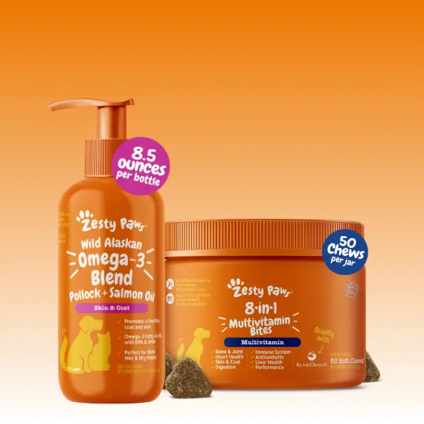 Zesty Paws Dog Skin, Coat, and Body Support Combo (Wild Alaskin Salmon Oil + 8-in-1 Multivitamin Bites)