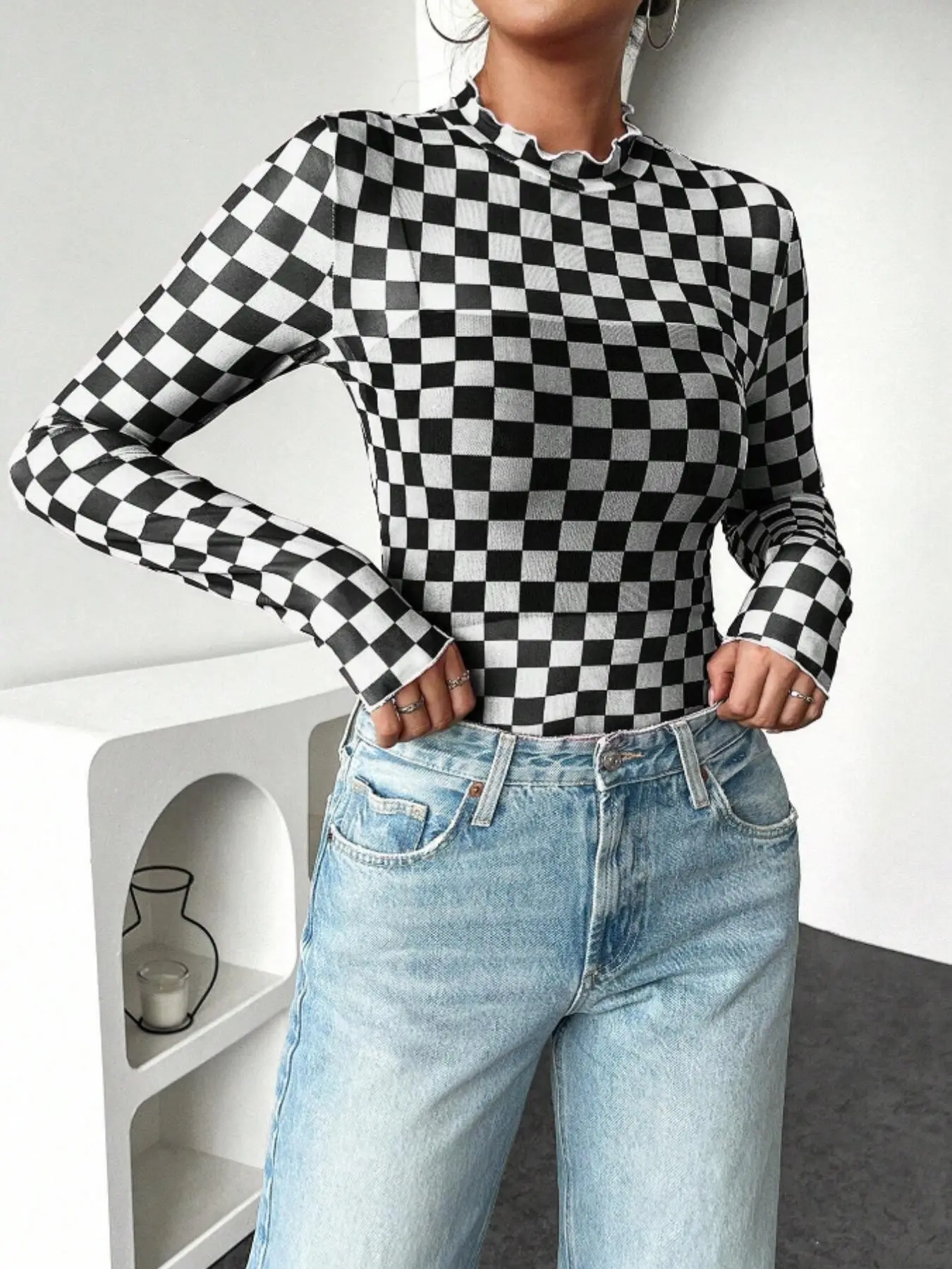 Women's Plaid Mesh Top, Sexy Casual Long Sleeve T-Shirt, Lightweight Sun Protection Summer, All-Season Jersey, Trendy Streetwear Ladies' Clothing