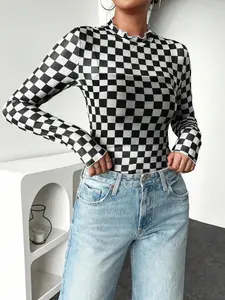 Women's Plaid Mesh Top, Sexy Casual Long Sleeve T-Shirt, Lightweight Sun Protection, All-Season Jersey, Trendy Ladies' Clothing