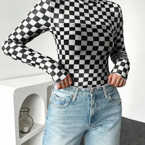 Women's Plaid Mesh Top, Sexy Casual Long Sleeve T-Shirt, Lightweight Sun Protection, All-Season Jersey, Trendy Streetwear Ladies' Clothing, Fashionable Streetwear