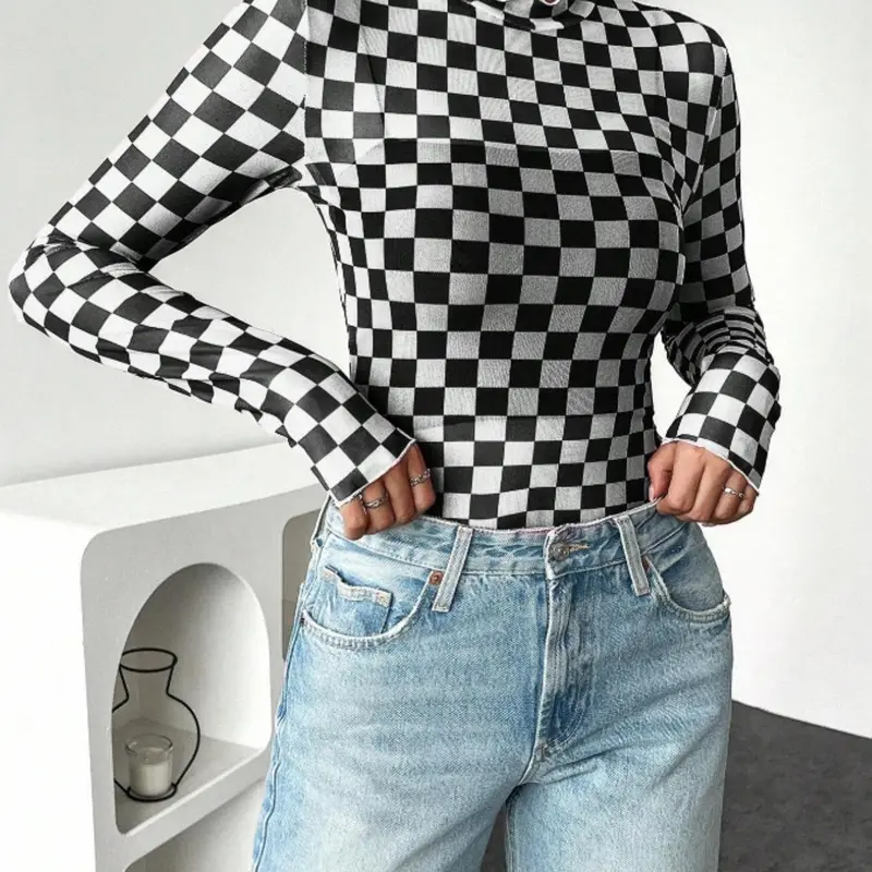 Women's Plaid Mesh Top, Sexy Casual Long Sleeve T-Shirt, Lightweight Sun Protection, All-Season Jersey, Trendy Streetwear Ladies' Clothing, Fashionable Streetwear