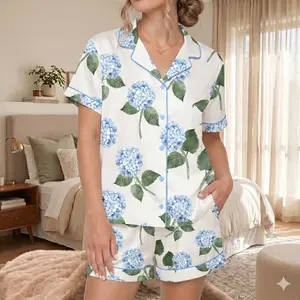 Elegant Blue Hydrangea Satin Pajamas, Notched Collar Style Pj Sets in Blooming Hydrangeas Pattern, Bridesmaids Pjs, Flower Sleepwear