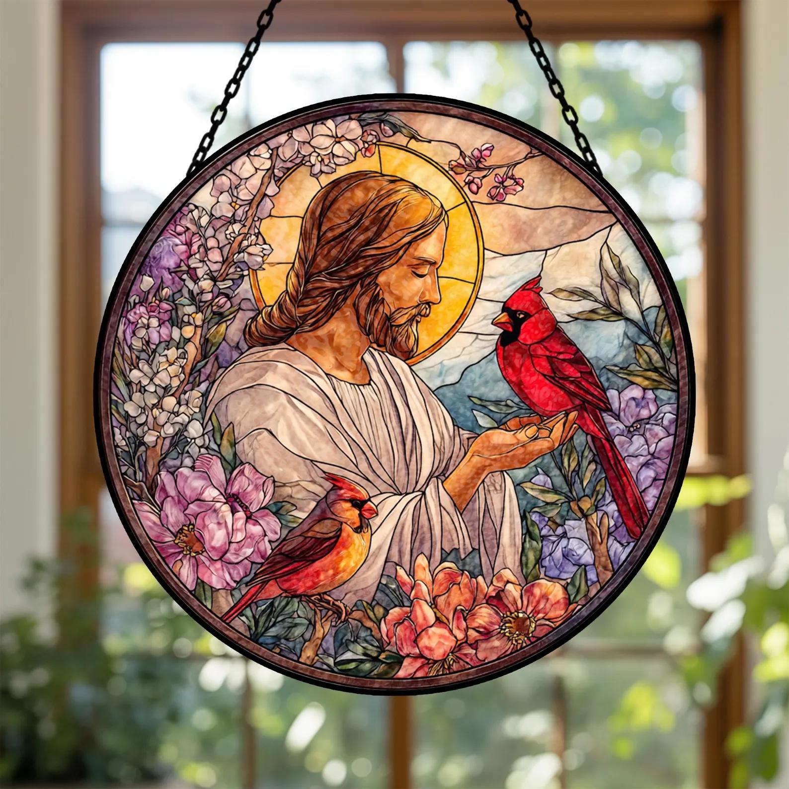 Jesus With Cardinals Stained Glass Suncatcher Memorial Gift, Christian Window Hanging, Jesus Christ Decoration, Religious Christmas Decor