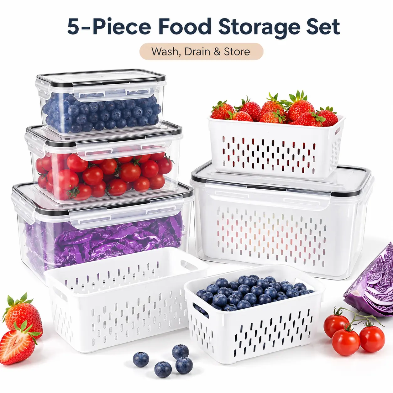 5 Pack Food-Grade PET Fridge Storage Containers. Great for raw vegetable cleaning & camping gear. Non-toxic. Perfect for homemade bread, salad, toast, berries, lettuce, bagels, vegetables, cookies, donuts and meat. Multi-functional kitchen storage,
