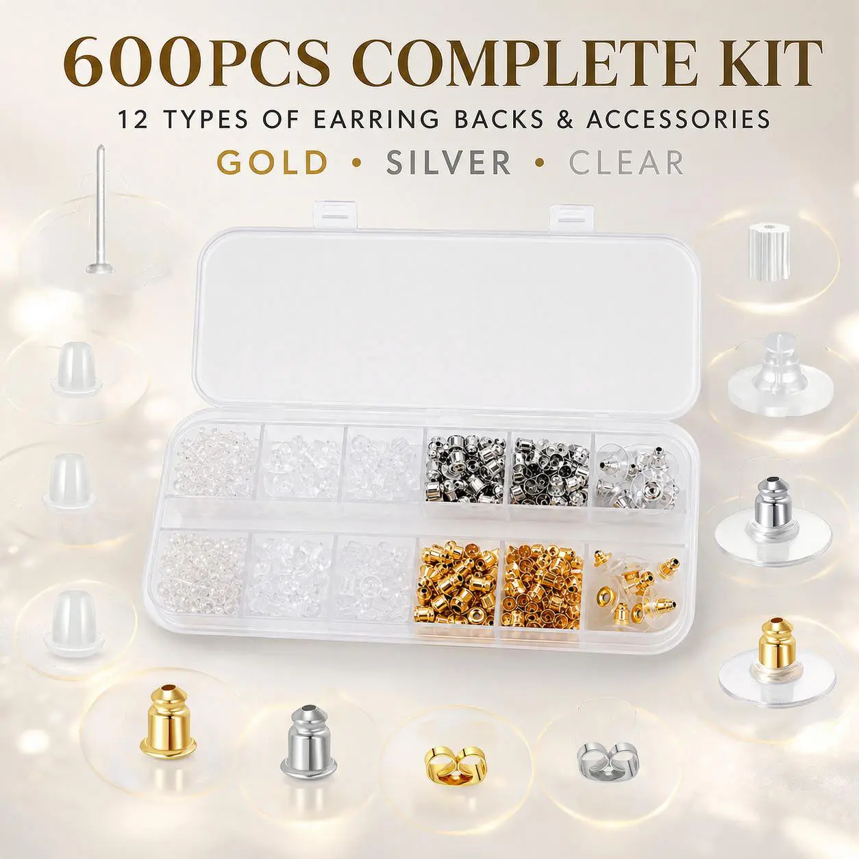 12 Styles 600 Pcs Earring Backs for Studs, Clear Plastic Earrings Hypoallergenic Metal Rubber Silicone Earring Backs Bullet Clutch Stoppers Replacement Kits for Fish Hook Earring Studs Hoops
