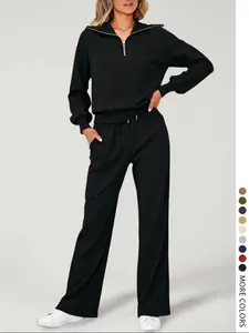 Pure Color Half-Zip Shoulder Pad Sporty Top Long Pants Set, Sweatsuit Set, Casual Loose-Fitting Fall, Regular Length Plain Design
