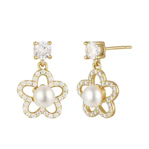 EAMTI Pearl Earrings for Women Trendy 925 Sterling Silver Freshwater Cultured Pearl Flower Drop Earrings