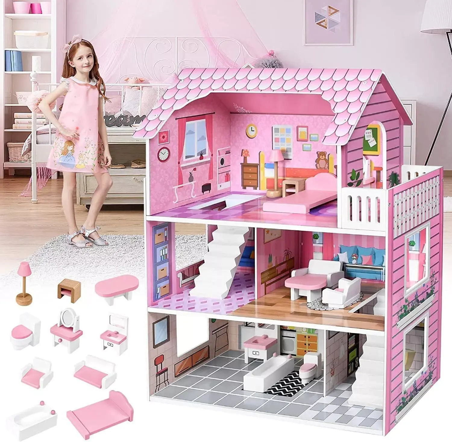 DOMISO Wooden Doll House Playset for Kids, 3 Stories Toddler Dollhouse, Pretend Play Toys Gift for Kids