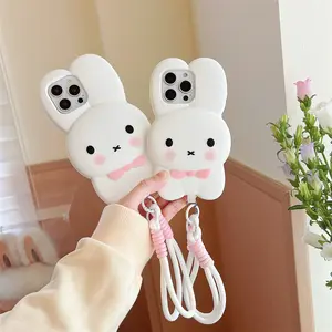 Miffy Cartoon Phone Case with Wrist Strap Accessories for iPhone 17 16 15 14 13 12 Pro Max Silicone Shockproof Protective Case