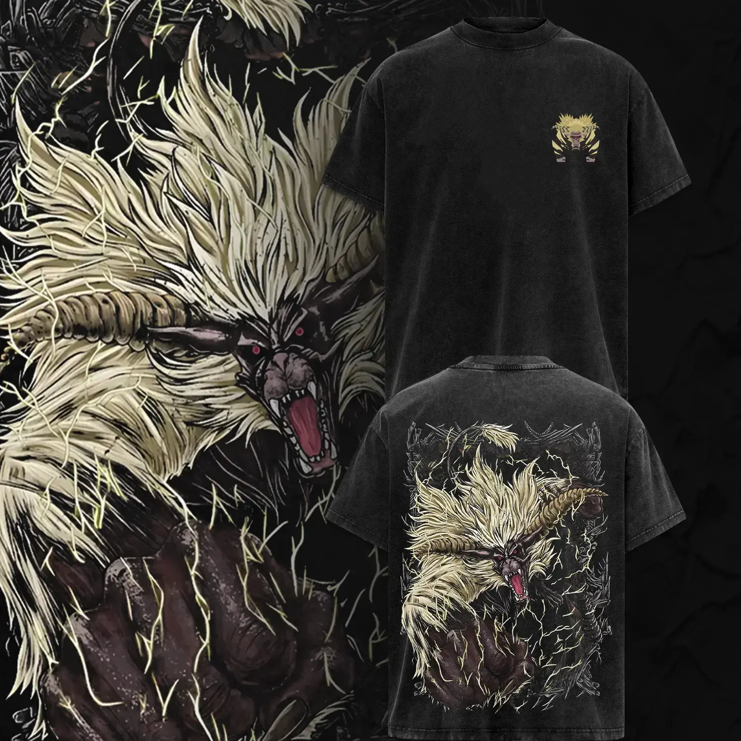 [Collection] Monster Hunter Wilds Double Printed Oversize Lightweight Acid Washed Streetwear Short Sleeve Round Neck Boxy Cotton T-Shirt for Men, Casual Vintage Retro Black Gaming Tee, Menswear Essential