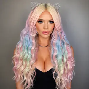 Rainbow Wig Long Wavy Curly Wigs for Women Colorful Wigs 24 Inches Rainbow Ombre Wigs Synthetic Cosplay Wig for Women Girls Daily Party Costume Use
