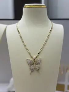 Cuban Chain Necklace with Butterfly Pendant 18 Inch Gold-Tone Fashion Jewelry for Women