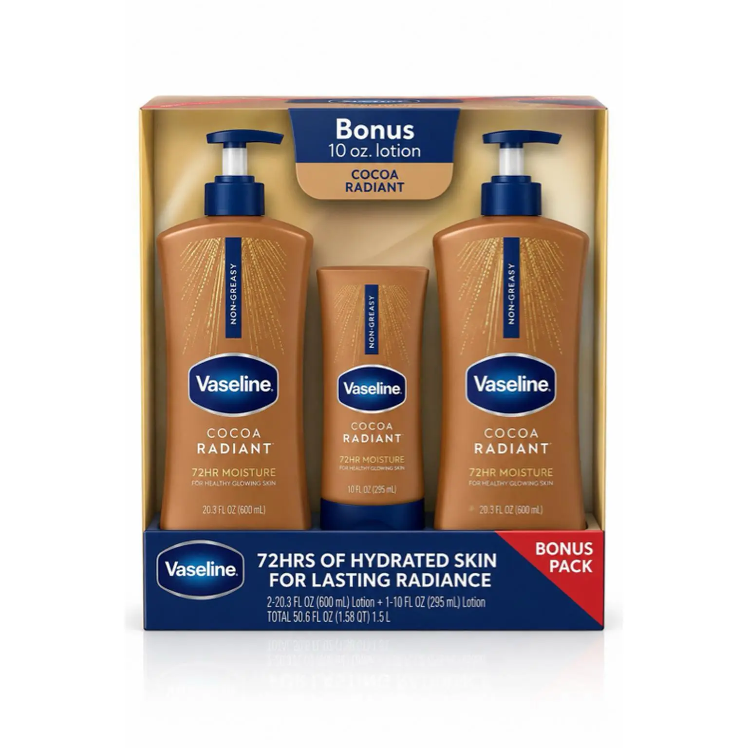 Vaseline Cocoa Radiant Body Lotion Bonus Pack – 2 Large Bottles + 1 Bonus Lotion for 72HR Hydrated Skin