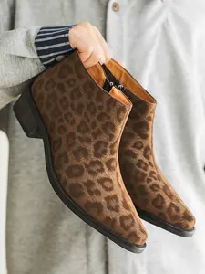 Men's Chelsea Ankle Boots Leather Small Horsehair Leopard Print, Side Zipper, Heeled Shoes, Stylish and Comfortable Footwear