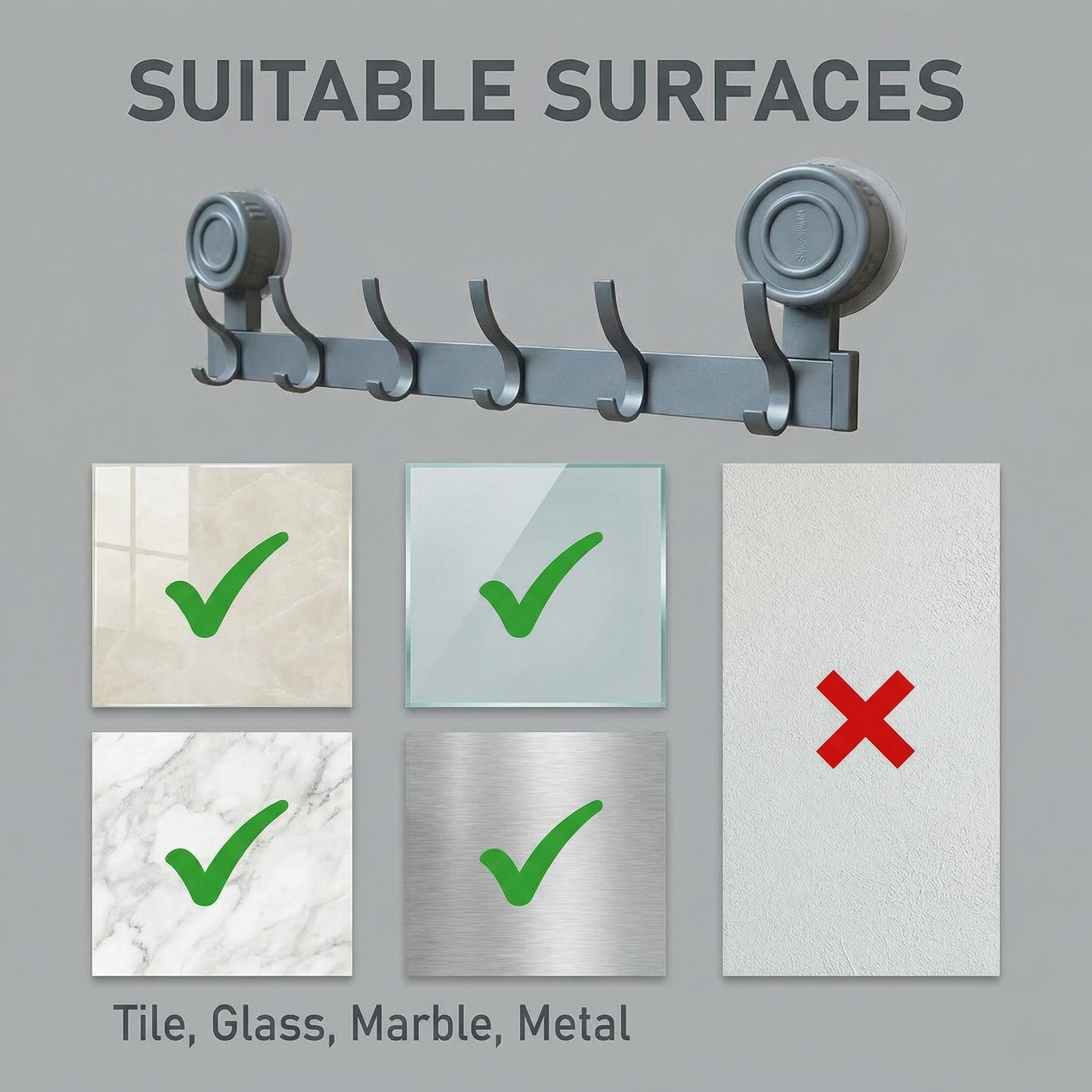 No Drill Suction Cup Hook Rack, Heavy Duty Space Aluminum Wall Hooks for Bathroom Kitchen, 10KG Load Bearing Waterproof Towel Rack