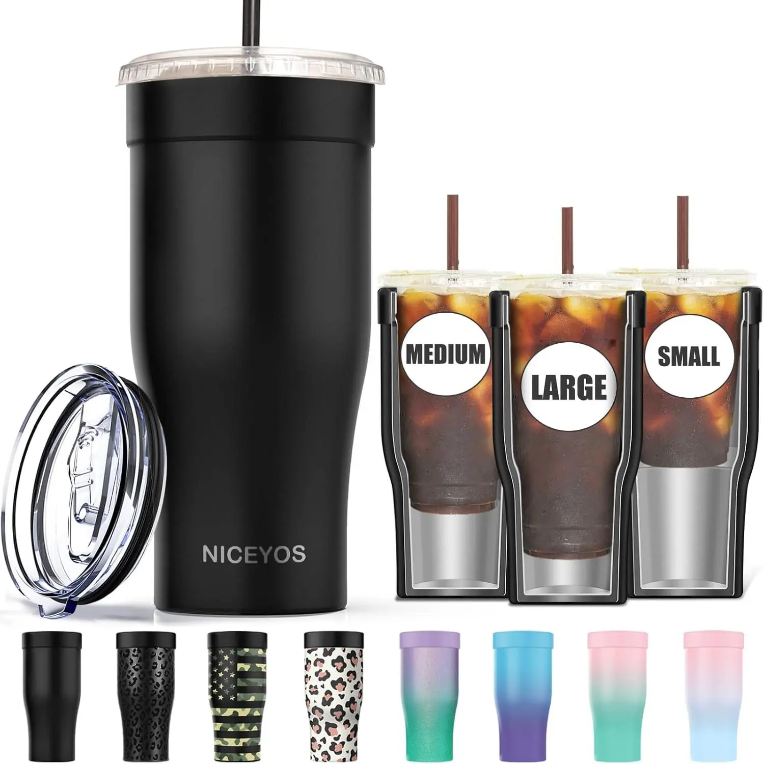 Insulated Heat Resistant Large Portable Stainless Steel Coffee Tumbler Sleeve - Upgraded Double-Wall Reusable Leak-Proof Cold Drink Holder, Push-Fit for 16-32oz Starbucks Cups, Car Cup Holders Compatible (Black)