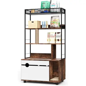 GAOMON Cat Litter Box Enclosure Hidden Furniture, Vintage Brown Wooden Cabinet with 4-Tier Storage Tower & Scratching Post, Modern Pet House with Odor Control Corridor, Fits Standard Litter Boxes