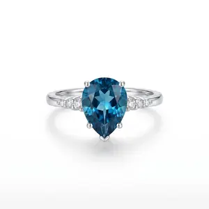 ZR "Sapphire Tear" Custom 2.6ct London Blue Pear‑Shaped Crystal Side‑Stone Accent S925 Sterling Silver Luxury Statement Ring -【Jenny】#4611