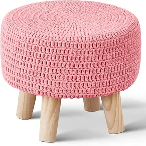Pouf Ottoman, Cotton Knitted Boho Footstool, Round Footrest with Non-Skid Wood Legs, Home Décor Handmade Pouffe, Leisure Floor Step Stool for Living room