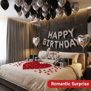 75pcs Silver and Black Decoration Set with 16" Silver Heart Foil Balloons Ideal for Bedroom Decor Romantic Couple Midnight Surprise Party Influencer Photo Backdrop
