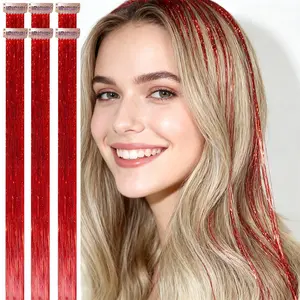 6 Pack Shining Red Hair Tinsel Clip In, 80 Strands/Pc 24 Inches Shiny Sparkle Fairy Hair for Mermaid Costume Halloween Party Concert