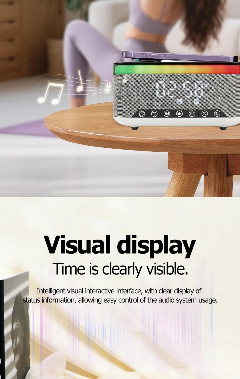 Wireless Speaker, 10W Bluetooth Speaker with 15W Wireless Charging, 13-Color Night Light, Alarm, White Noise, FM Radio, Portable, Stereo, TWS, BT5.3, for Home, Office & Bedroom (White)