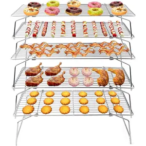5-Tiers Stainless Steel Baking Cooling Wire Rack for Baking Roasting Cooking, Healthy & Firmly Weld, Stackable & Collapsible, Dishwasher Safe, 15”x10”