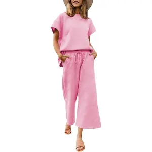 Imily Bela Womens 2 Piece Outfits Short Sleeve Tops and Drawstring Waist Cropped Pants Loungewea
