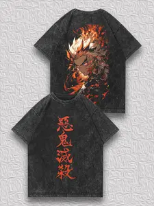 valentine shirts Men's Distressed Reversible T-Shirt - Demon Slayer Flame Hashira Theme, Kyojuro Rengoku Flame Print, Niche Vintage Washed Craft, Anime Streetwear Trendy Short Sleeve