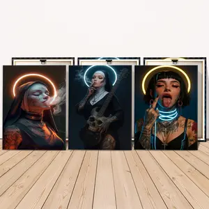 3 Counts Wooden Framed Canvas Painting, Neon Cyberpunk Tattooed Nun Art, Exquisite Poster, Perfect Living Room Decoration, Modern Art, Fashion Family Poster, Wall Art Decoration, Waterproof Art