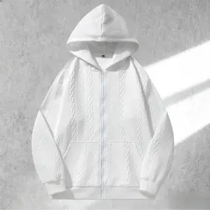 White Jacquard Hooded Zip-Up Men's Sweatshirt with Elevated Style Clean Sophisticated Design Loose Fit for Casual Wear