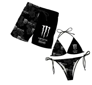 Couples' Monster Energy Inspired Swimwear Set - Women's Floral Bikini, Men's Beach Shorts, Tropical Hawaiian Summer Vacation Pool Party Outfit