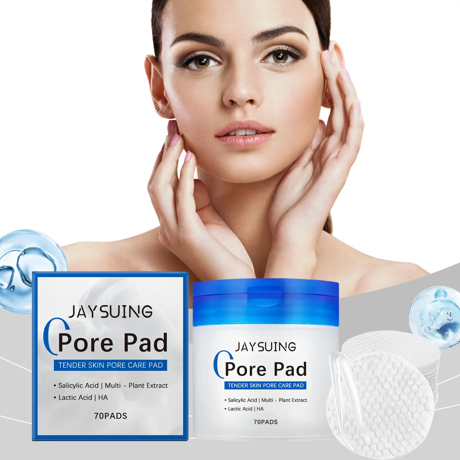 Jaysuing Salicylic Acid Pore Cleansing Cotton Pads with Clips, Gentle Facial Care, Acne Treatment, Pore Minimization, Exfoliation, 70 Pieces