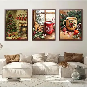 3PCS Retro Christmas with Wooden Frame Mural - Festival Tree, Christmas Socks, and Hot Cocoa Scene, Perfect for Festival Decoration, Seasonal Home Style Warm Festival Theme Detailed Decoration, Christmas Mural