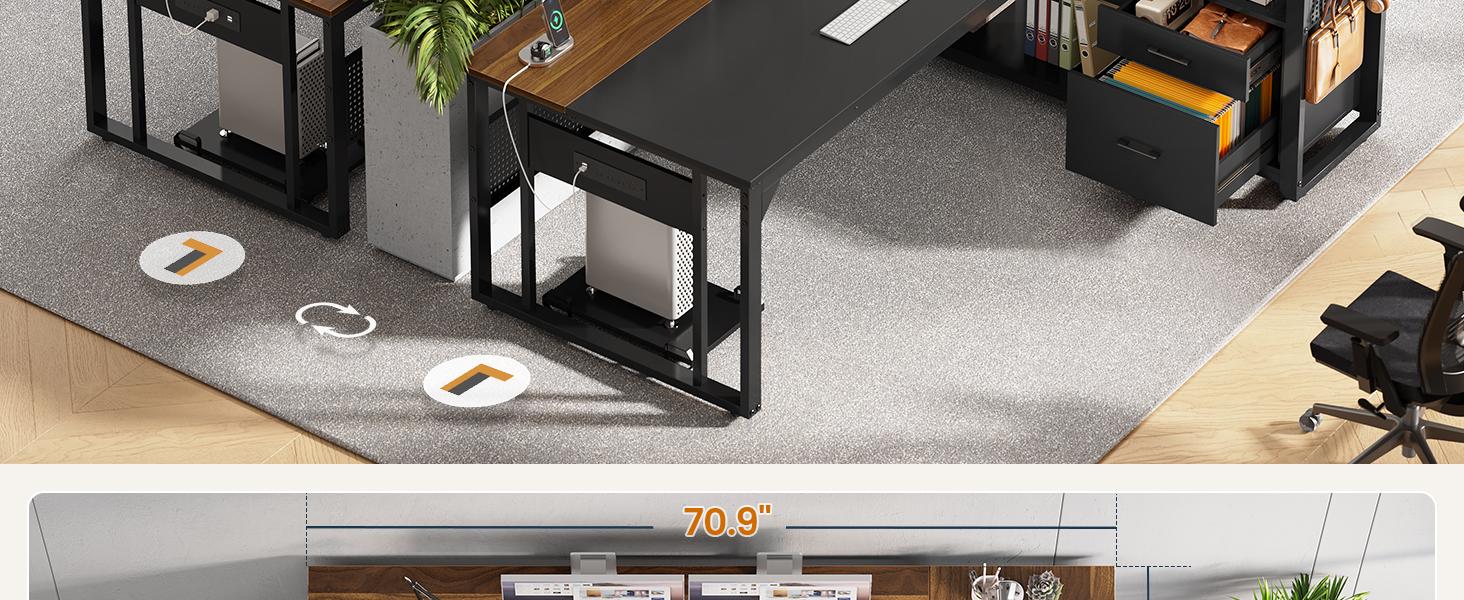 71" Reversible L-Shaped Modern Wood Executive Desk - Home Office Workstation with Power Outlet, File Drawers, Pegboard, CPU Stand - Desks for Gaming (Walnut), Modern Wood Desk