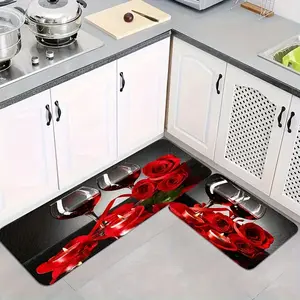 2/3pcs Set Kitchen Mat, Red Kitchen Mat and Mat Set, Red Wine Kitchen Decorative Small Mat, Rose Flower Corridor Runner Mat, Flannel Material Non-Slip Soft Comfortable Easy to Clean, Suitable for Bedroom Living Room Dining