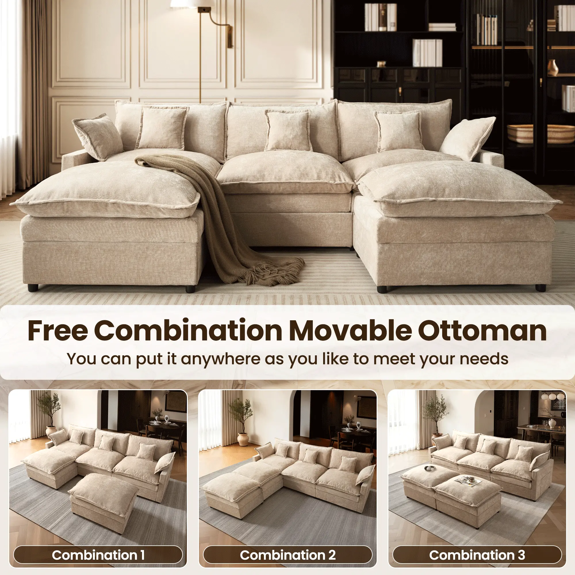 【2 Packages Shipping】OVIOS 108" U-Shaped Modern Sofa Modular Sectional Cloud Couch with 2 Ottoman, Comfy Chenille Deep Seat Sofa Bed for Living Room, Bedroom and Apartment, 5 Pillows Included 【2 Packages Shipping】OVIOS 108" U-Shaped Modern Sofa Modular Sectional Cloud Couch with 2 Ottoman, Comfy Chenille Deep Seat Sofa Bed for Living Room, Bedroom and Apartment, 5 Pillows Included