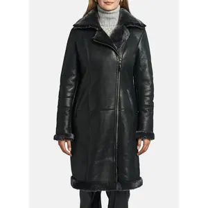 Womens Shiny Black Shearling Leather Coat