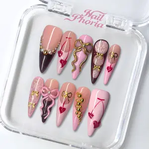 NailPhoria SWEETHEART RIBBON - Valentine Handmade Press-On Nails | Reusable, Salon-Quality, Long-Lasting, Glossy Design
