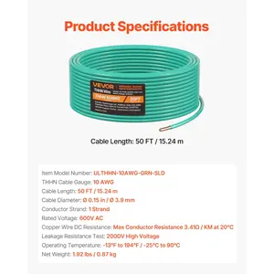VEVOR 10 AWG Solid THHN Wire, 100 OFC Copper Electrical Building Wire with Nylon Jacket PVC Insulation, Rated for Up to 600 Volts, Heavy-Duty for Residential, Industrial, Commercial, Green (50 Feet)