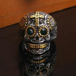 Men's Vintage Crystal Ring - 1 Retro Punk Cross, Green Eyes Synthetic Zircon Skull, Gothic, Skeleton, Statement Multi Design, Statement Multi Ring, Vintage Rings, Goth Rings