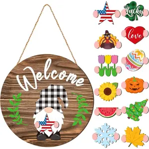 Interchangeable Welcome Sign for Front Door 12 Inches Seasonal Wooden Door Hanger Wreath Farmhouse Rustic Xmas Holiday Decorations Wall Home Sign Cute Style